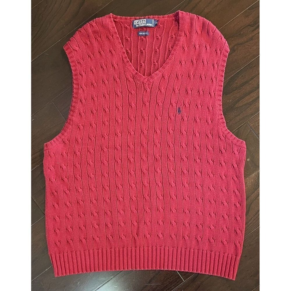 Polo Ralph Lauren Sweater Vest Men XL Red Cable Knit V-Neck Old Money Layering